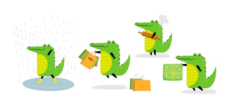 Vector juego de cocodrilo feliz cocodrilo divertido de dibujos animados compras de cocodrilo caminando bajo la lluvia da regalo