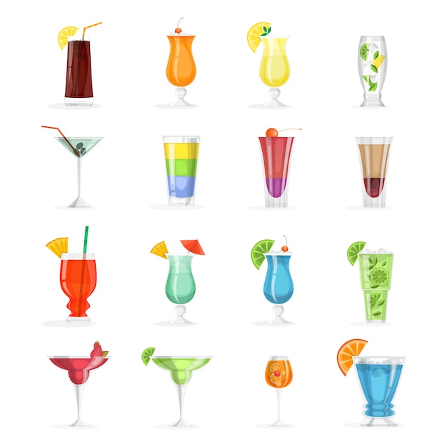 Juego de cóctel. Colección de bebida alcohólica en vaso.