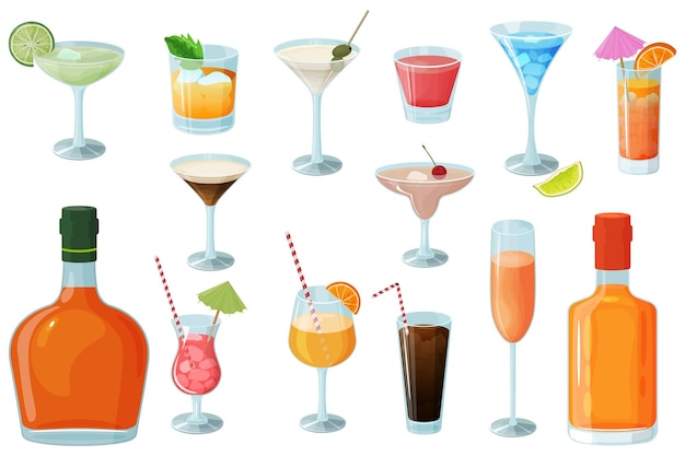 Vector juego de cócteles bebidas alcohólicas en copas y copas daiquiri martini margarita cosmopolita