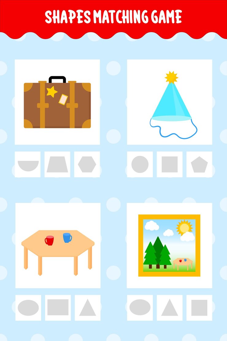 Vector juego de coincidencia de formas imprimibles actividad de aprendizaje interactivo divertido y educativo para niños