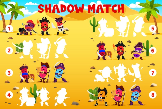 Juego de coincidencia de sombras Vitaminas y micronutrientes piratas y personajes corsarios Juego de coincidencia de silueta comparando hoja de trabajo vectorial de cuestionario con Zn Cu P y Fe Ca K piratas personajes lindos en la playa