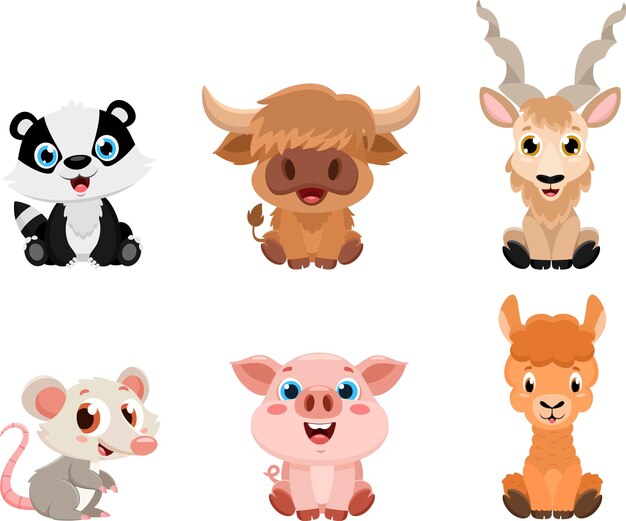 El juego de colección de diseños planos vectoriales de personajes de dibujos animados de Cutie Baby Animals