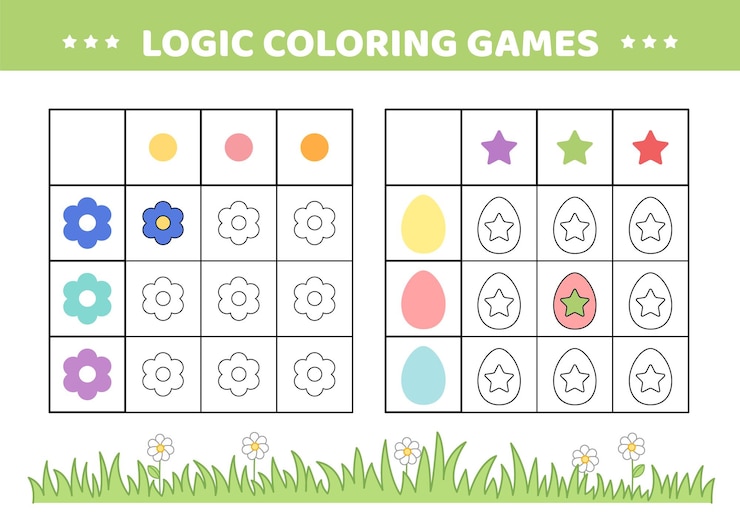 Vector juego de colorear lógico con flor y huevo de pascua colorear el huevo y la flor en el color correcto vector