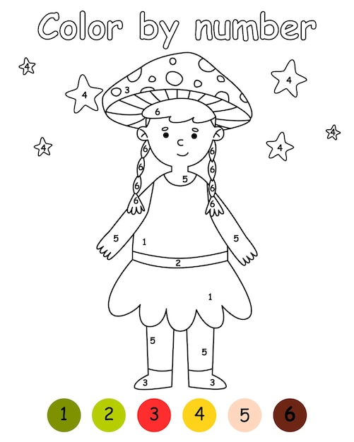 Juego de colorear por número para niños niños disfrazados de hongo amanita fiesta de halloween hoja de trabajo imprimible con solución para la escuela y preescolar actividad de aprendizaje de números