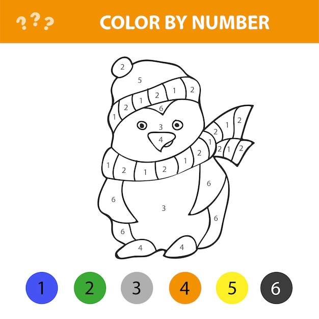 Juego de colorear por números. Ilustración de vector de juego de colorear con pingüino de dibujos animados para niños libro de colorear