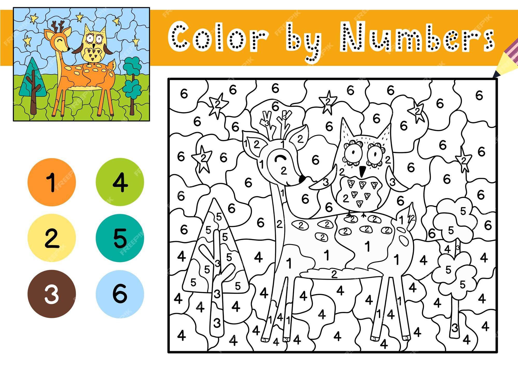 Juego de colorear por números para página para colorear con un lindo ciervo y un búho hoja de trabajo imprimible solución | Premium