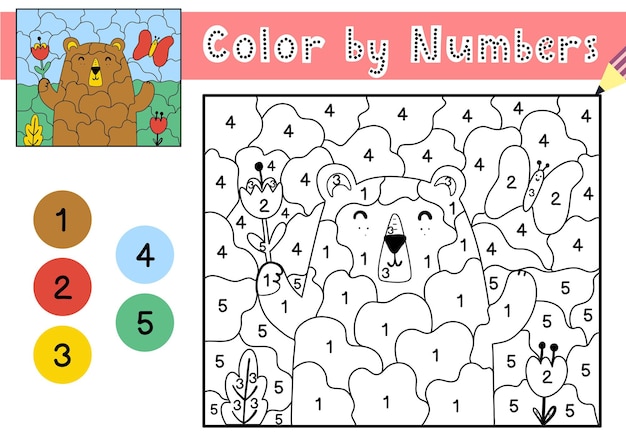 Juego de colorear por números para niños página para colorear con un lindo  lobo y pájaro hoja de trabajo imprimible con solución