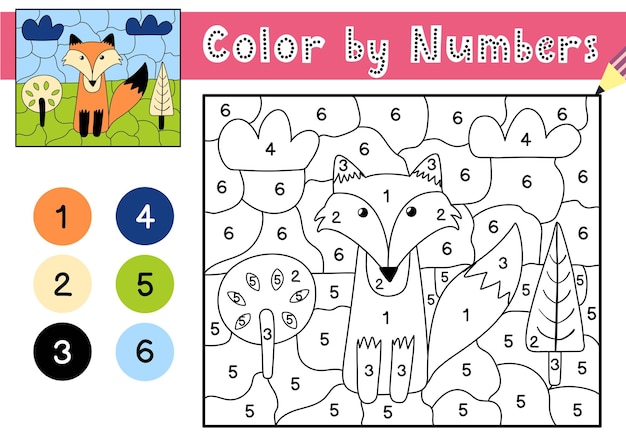 Juego de colorear por números para niños Página para colorear con un lindo zorro en el bosque Hoja de trabajo imprimible con solución