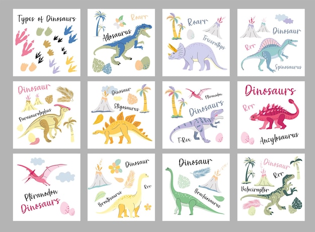 El juego de colores de dinosaurios de la tarjeta Benner Dinosaurios vectoriales Tyrannosaurus Rex Stegosaurus Brachiosaurus