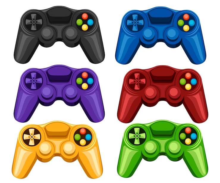 Vector juego de coloridos pads inalámbricos para juegos. controlador de videojuegos. gamepad para juegos de pc o consola. ilustración sobre fondo blanco.