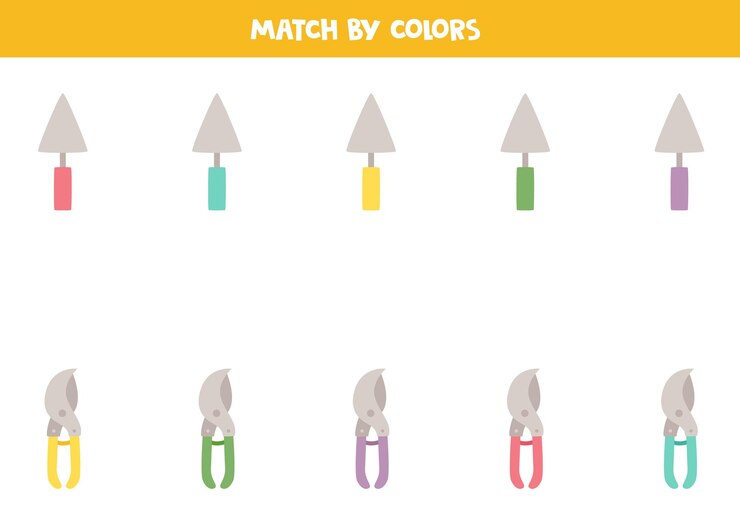 Vector juego de combinación de colores para niños en edad preescolar combina herramientas de jardinería por colores