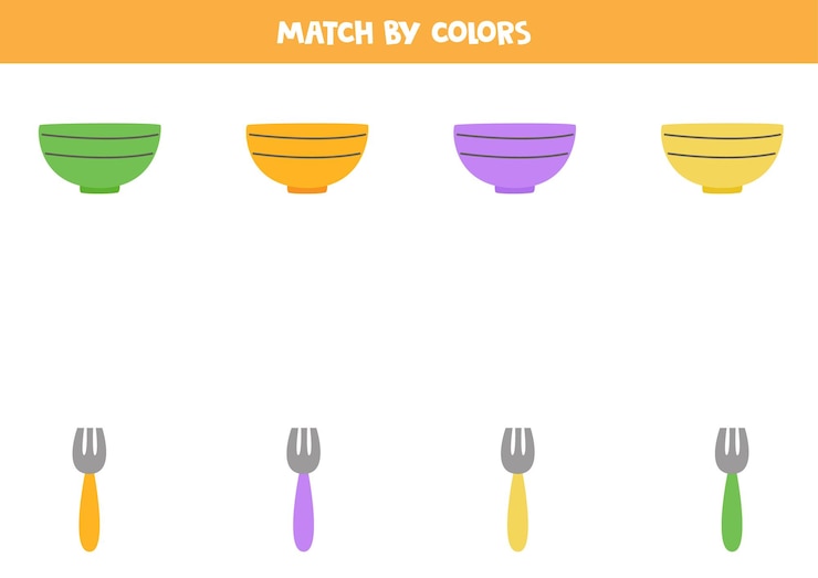 Vector juego de combinación de colores para niños en edad preescolar combina tazones y tenedores por colores