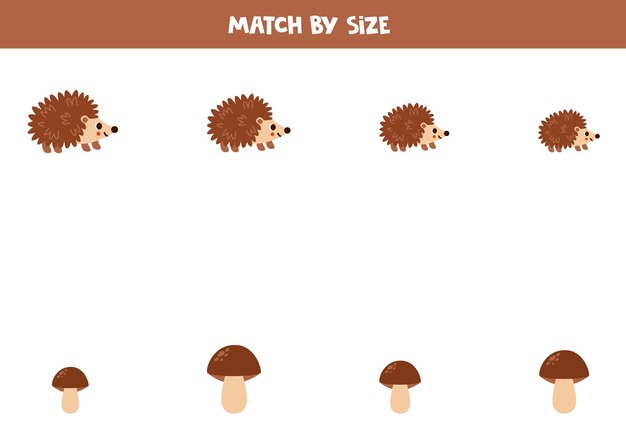 Juego de combinación para niños en edad preescolar Une erizos y champiñones por tamaño