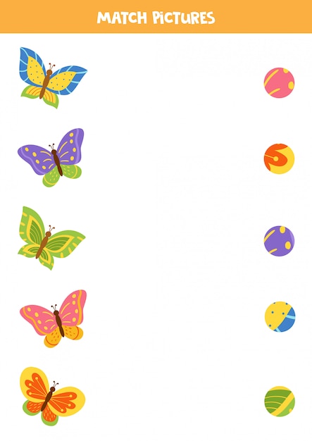 Juego de combinación para niños. Encuentra el patrón de lindas mariposas de cartón.