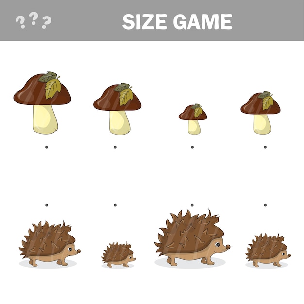 Juego de combinación de otoño para niños, conecta erizos con hongos por tamaño, actividad de hoja de trabajo preescolar para niños
