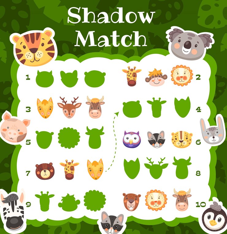 Vector juego de combinación de sombras con animales de dibujos animados para niños