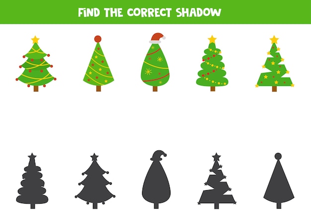 Juego de combinación de sombras para niños. Encuentra sombras de árboles de Navidad. Hojas de trabajo lógicas para niños.