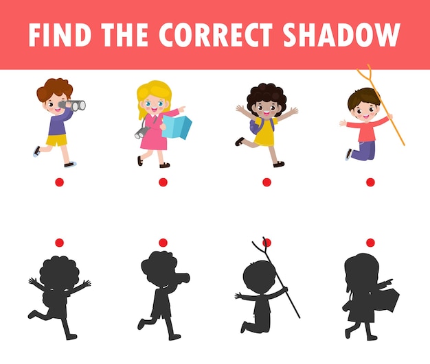 Vector juego de combinación de sombras para niños. juego visual para que los niños encuentren la sombra correcta.