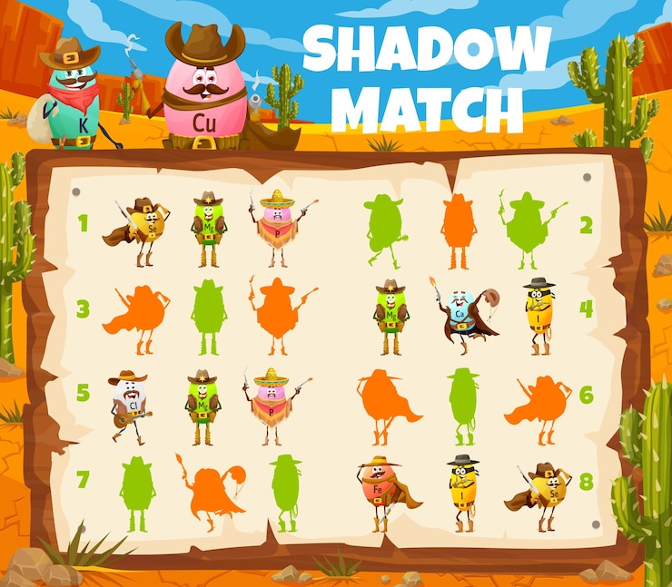Vector juego de combinación de sombras con personajes de vaquero vitamínico.