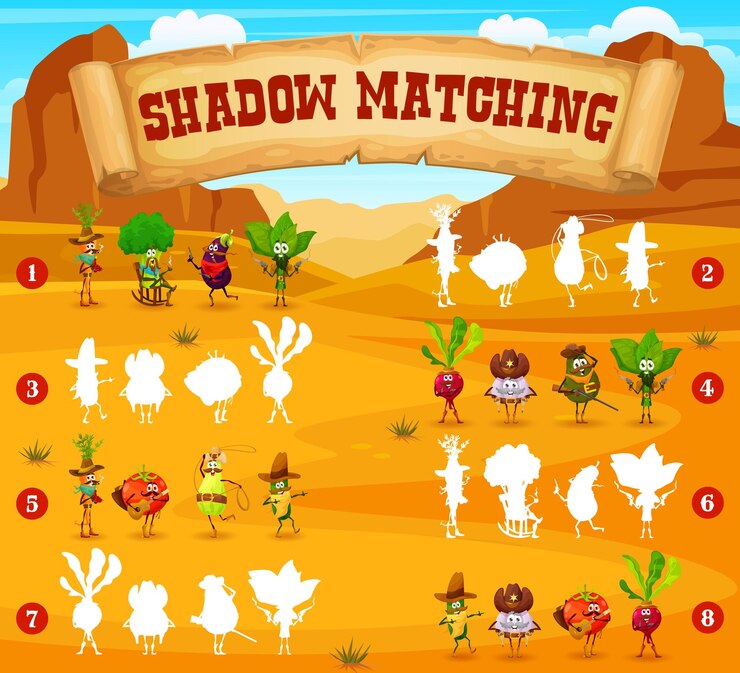 Vector juego de combinación de sombras con sheriff de verduras de dibujos animados