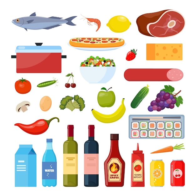 Juego de comestibles Leche verduras carne pan queso salchichas vino frutas pescado cereal jugo