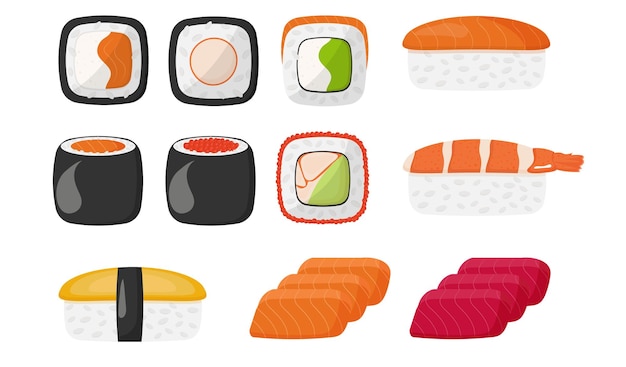 Juego de comida asiática. colección de sushi. ilustración vectorial