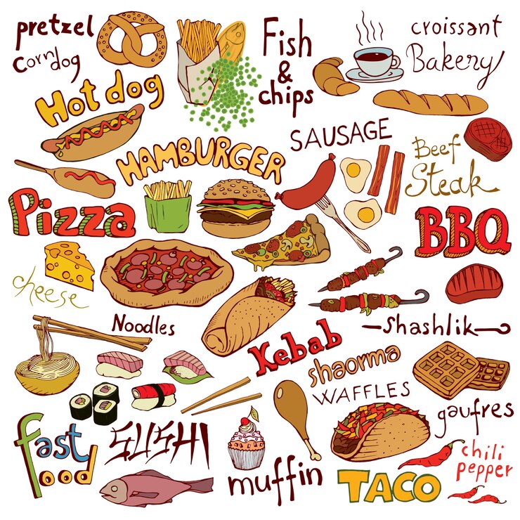 Juego de comida e inscripciones doodle