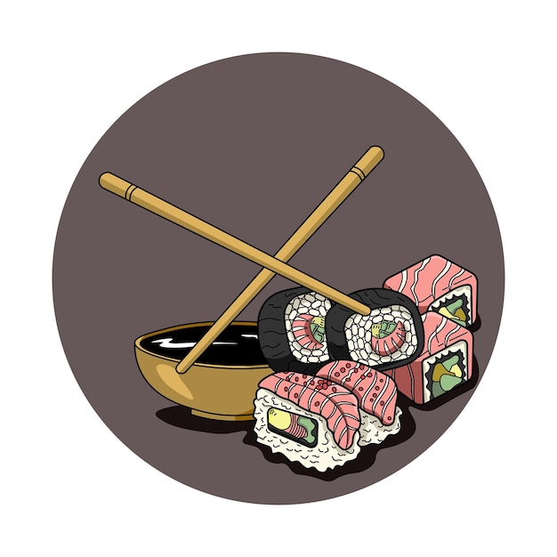 juego de comida japonesa compuesto por panecillos con salsa de soja