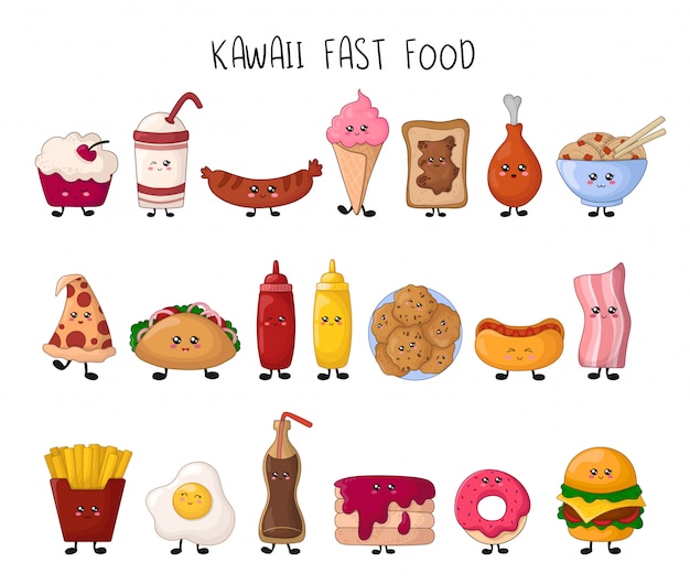 Juego de comida rápida kawaii - dulces, comida chatarra, hamburguesa