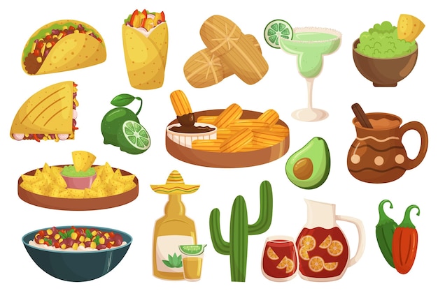 Vector juego de comidas y bebidas mexicanas chiles jalapeños frijoles tacos enchiladas tamales guacamole salsa y churros