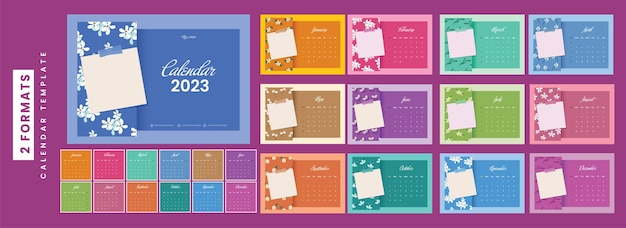 Juego completo de 2 formatos de diseño de calendario multicolor de 12 meses 2023 con notas adhesivas en blanco para planificador corporativo