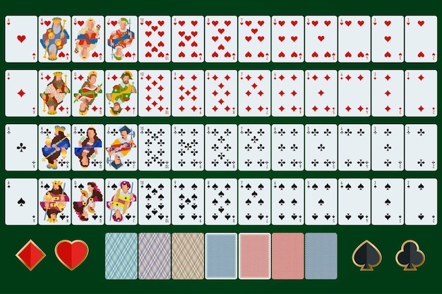 Vector juego completo de cartas de póquer con cartas aisladas sobre fondo verde.