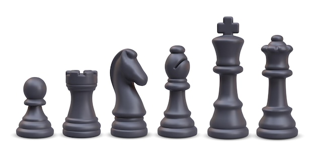Juego completo de piezas de ajedrez negras alineadas en fila renderizado 3D peón torre caballo alfil rey reina