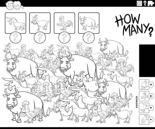juego de contar con animales de granja de dibujos animados página de colorear