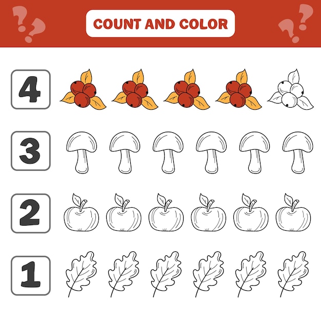 Juego de contar y colorear para niños en edad preescolar Hoja de trabajo de artículos de otoño