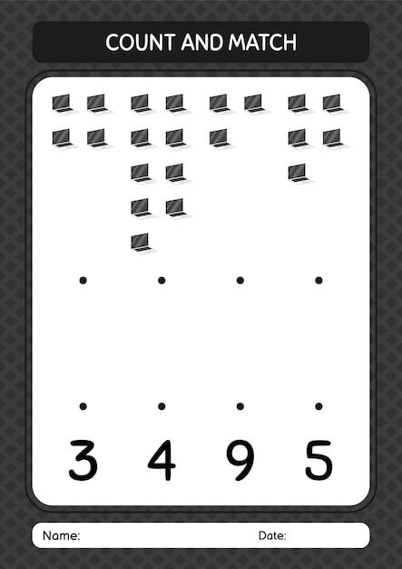 Juego de contar y combinar con la hoja de trabajo de la computadora portátil para niños en edad preescolar hoja de actividades para niños