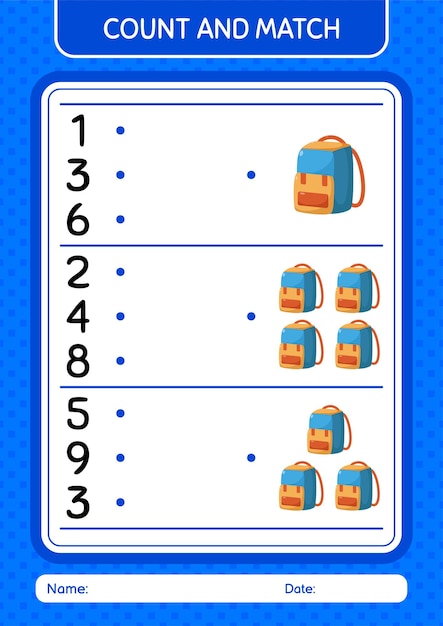 Juego de contar y combinar con hoja de trabajo de mochila para niños en edad preescolar hoja de actividades para niños