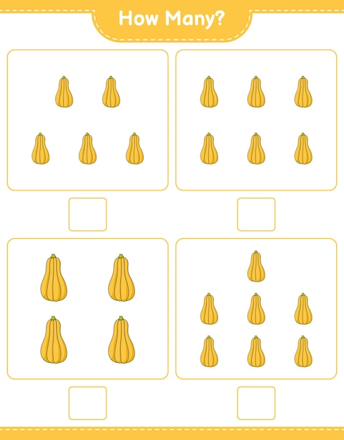 Juego de contar, cuántas calabazas. Juego educativo para niños, hoja de trabajo imprimible, ilustración vectorial