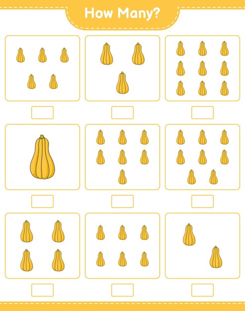 Juego de contar, cuántas calabazas. Juego educativo para niños, hoja de trabajo imprimible, ilustración vectorial