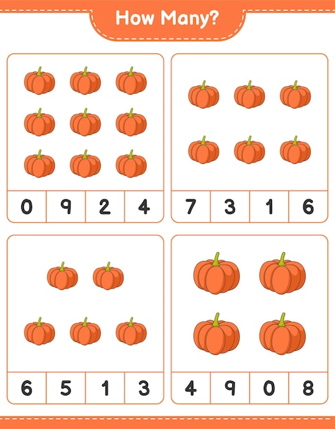 Juego de contar, cuántas calabazas. Juego educativo para niños, hoja de trabajo imprimible, ilustración vectorial
