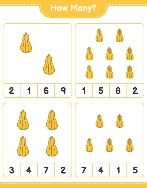 Juego de contar, cuántas calabazas. Juego educativo para niños, hoja de trabajo imprimible, ilustración vectorial
