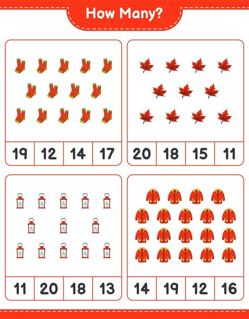 Juego de contar, cuántos farolillos, calcetines, ropa de abrigo y hoja de arce. Juego educativo para niños, hoja de trabajo imprimible, ilustración vectorial