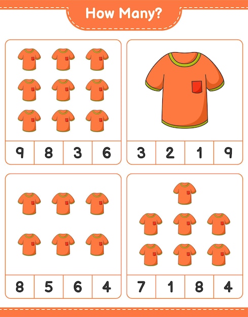 Juego de contar, cuantos T-shirt. Juego educativo para niños, hoja de trabajo imprimible, ilustración vectorial