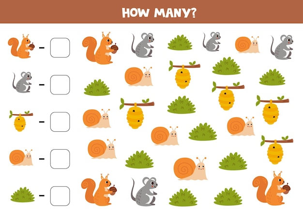 Juego de contar con la fauna del bosque de dibujos animados Hoja de ejercicios de Matemáticas
