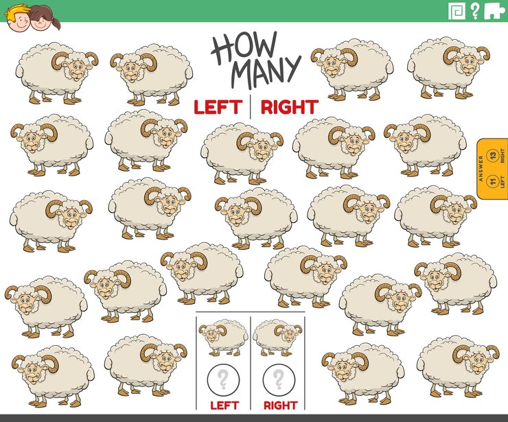 Vector juego de contar imágenes orientadas hacia la izquierda y hacia la derecha con ovejas de dibujos animados