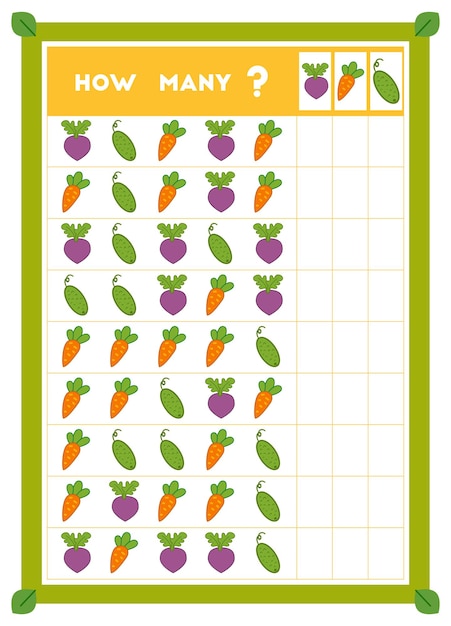 Juego de contar juego educativo para niños Cuente cuántas verduras hay en cada fila