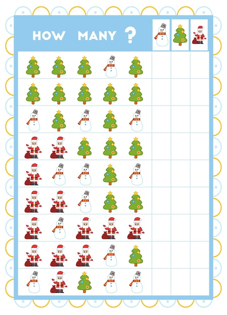 Juego de contar juego educativo para niños cuente cuántos artículos navideños hay en cada fila