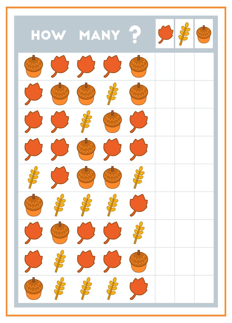 Vector juego de contar juego educativo para niños cuente cuántos artículos de otoño en fila y escriba el resultado