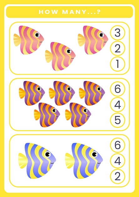 Juego de contar con linda hoja de trabajo de animales marinos para niños.