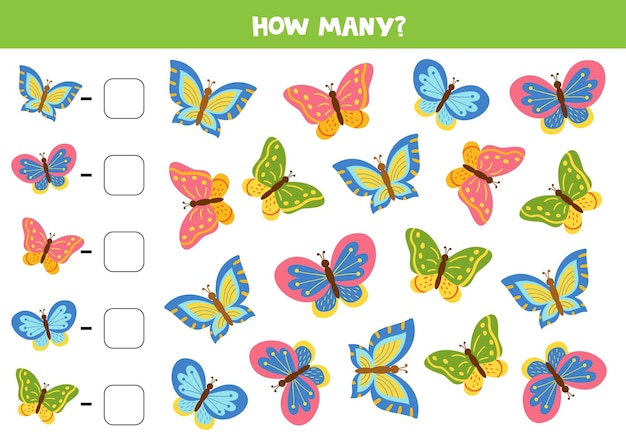 Juego de contar con lindas mariposas de dibujos animados Hoja de trabajo de matemáticas